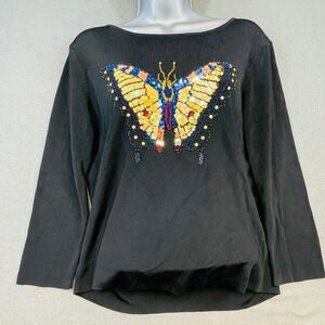 Lucia Burns Sequin Butterfly Black Long Sleeve‎ Top Women's XL Y2K Glam Festival